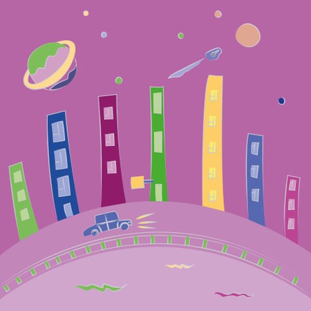 colorful night city on the embankment and a bridge with a road, use for baby book, baby clothes, posters, prints, vector illustrationのイラスト素材