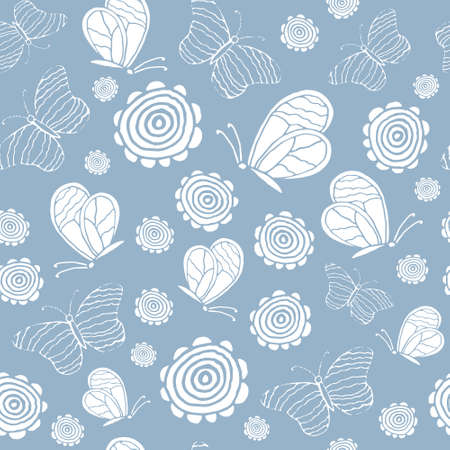 seamless pattern with butterflies and flowers, modern vector texture for your design can be used as wrapping paper, fabric, wallpaperのイラスト素材
