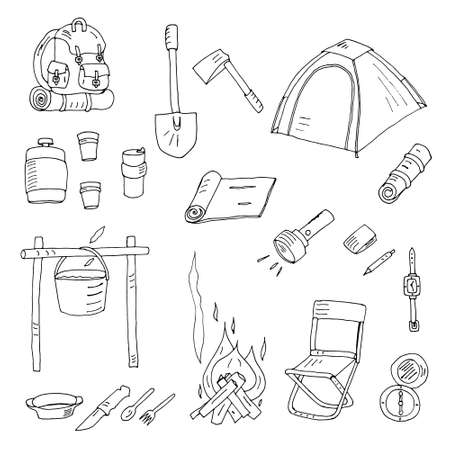 Hiking icons set. Vector collection of tourist equipmentのイラスト素材