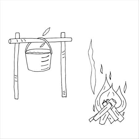 bonfire and bowler hat, vector outline isolated on white backgroundのイラスト素材