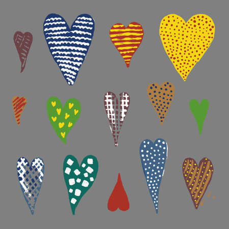 set of 18 decorative hearts with uzomi. Drawn by hand. Stock vector illustration. Isolated on a gray...