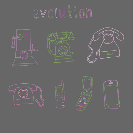 set of 7 vintage and modern phones, telephone evolutionのイラスト素材