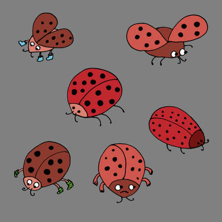 funny ladybugs. Vector illustration. Isolated. Coloring pages for adults and children. Cartoon. Hand-drawn doodle style. Can be used in your projects in banners and posters.のイラスト素材