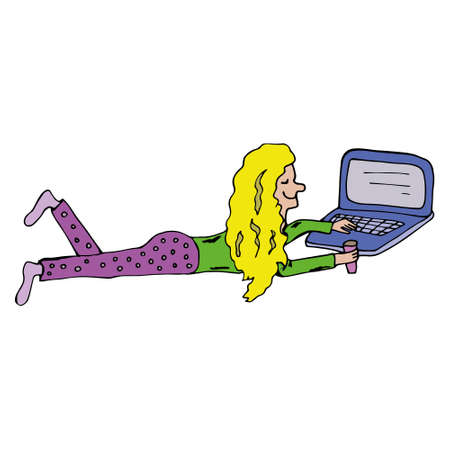Vector illustration in bright colors of remote work at the computer. The girl works at a laptop outside the office. Drawn by hand in a doodle style. Cartoon. Coloring pages for children and adults. Can be used in banners and posters. Comics. isolated on white backgroundのイラスト素材