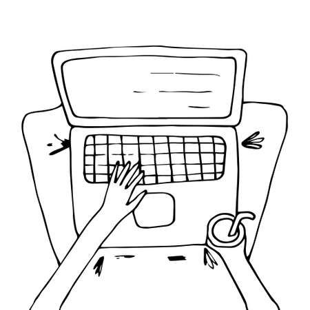 Vector illustration in bright colors of remote work at the computer. Drawn by hand in a doodle style. Cartoon. Coloring pages for children and adults. Can be used in banners and posters. Comics. isolated on white backgroundのイラスト素材