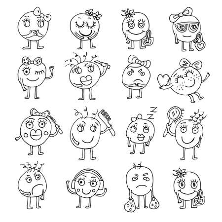 Set of vector faces with different emotions. The girls are holding various cosmetics items in their hands. Isolated over white background. Flat cartoon style suitable for landing page, banner, flyer, sticker. Doodle style. Coloring pages for children and adultsのイラスト素材