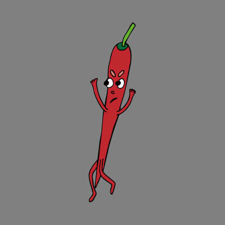 Funny cartoon character red chili peppers. Vegetables and fruits. Vector illustration. Isolated. Doodles. Comics. Coloring pages for children and adults.のイラスト素材