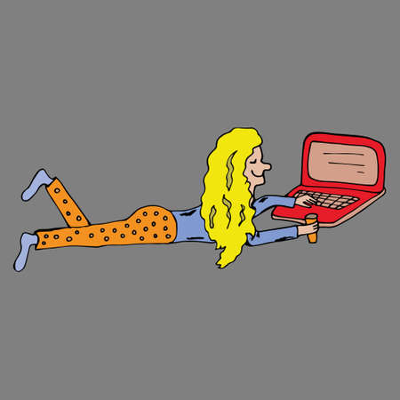 Vector illustration in bright colors of remote work at the computer. The girl works at a laptop outside the office. Drawn by hand in a doodle style. Cartoon. Coloring pages for children and adults. Can be used in banners and posters. Comics. isolated on white backgroundのイラスト素材