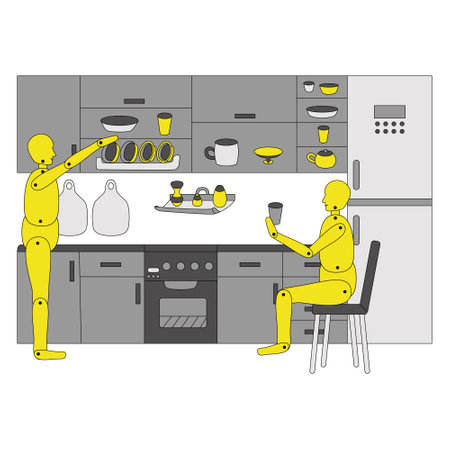 stylish kitchen set with accessories, shelves, dishes, refrigerator and chair. Vector illustration. A mannequin with a kitchen environment, drinking tea, sitting on a sula, folding platesのイラスト素材