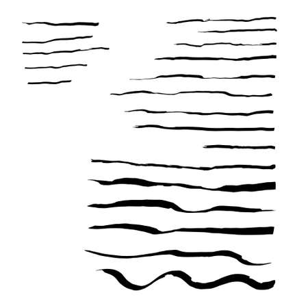 set of 19 flat grunge brushes. Thin and thick lines with pen and ink. Vector illustration. Cartoon.のイラスト素材