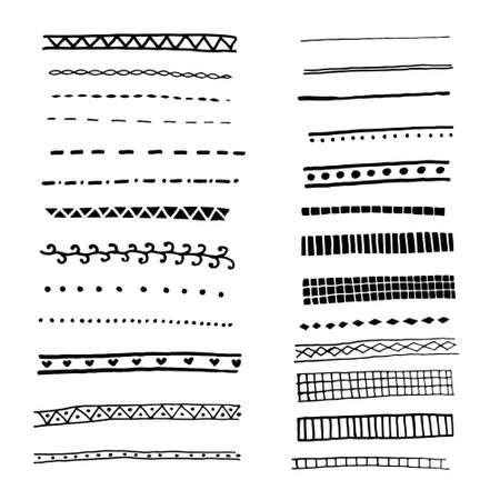 set of 26 pattern brushes. vector illustration. Isolated on a white background. Hand-drawn in the style of a doodle. cartoon. It can be used in banners and posters.のイラスト素材
