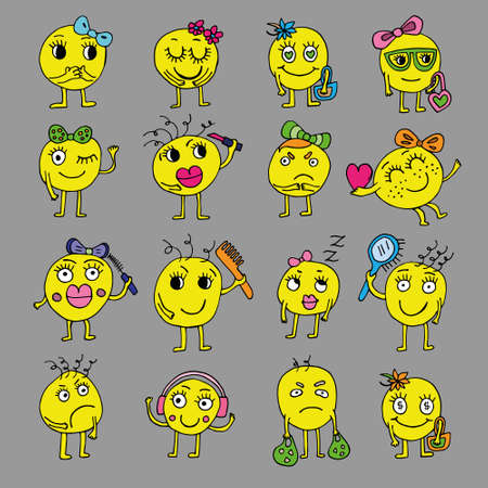 Set of vector faces with different emotions. The girls are holding various cosmetics items in their hands. Isolated over white background. Flat cartoon style suitable for landing page, banner, flyer, sticker. Doodle style. Coloring pages for children and adultsのイラスト素材