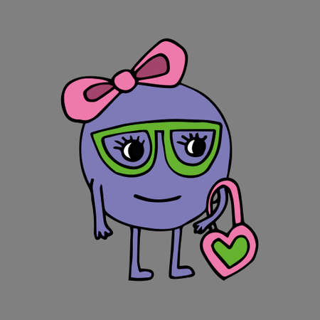 funny girl character with different emotions. The girls are holding different cosmetics in their hands. Girl in glasses. In her hands she holds a handbag heart. Vector. Isolated over white background. Cartoon. Suitable for landing page, banner, flyer, sticker. Doodle style. Coloring pages for children and adultsのイラスト素材