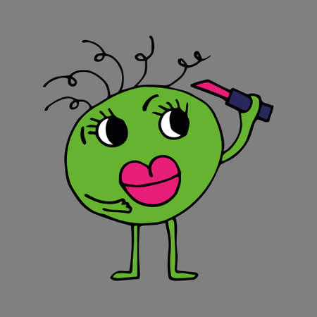 funny girl character with different emotions. The girls are holding different cosmetics in their hands. Curly girl holding lipstick in her hands. Vector. Isolated over white background. Cartoon. Suitable for landing page, banner, flyer, sticker. Doodle style. Coloring pages for children and adultsのイラスト素材