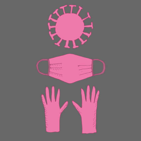 mask and gloves. Vector illustration. Isolated. Coloring pages for adults and children. Cartoon. Hand-drawn doodle style. Can be used in your projects in banners and posters.のイラスト素材