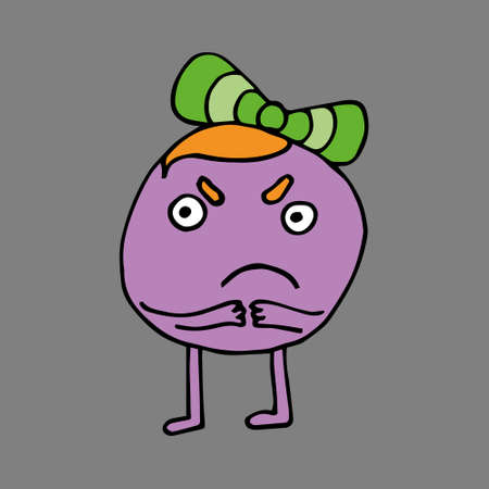 funny girl character with different emotions. The girls are holding different cosmetics in their hands. A mischievous girl with frowning eyebrows. Vector. Isolated over white background. Cartoon. Suitable for landing page, banner, flyer, sticker. Doodle style. Coloring pages for children and adultsのイラスト素材
