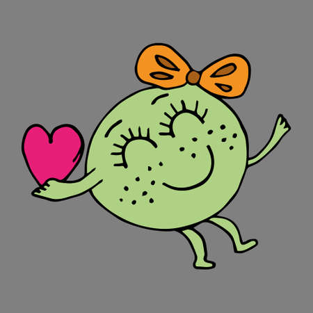 funny girl character with different emotions. The girls are holding different cosmetics in their hands. Girl in love, smiling holding a heart in her hands. Vector. Isolated over white background. Cartoon. Suitable for landing page, banner, flyer, sticker. Doodle style. Coloring pages for children and adultsのイラスト素材