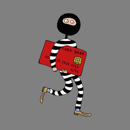 The thief is a swindler in striped clothes. A thief wants to steal money from a bank card. Bank card fraud. Vector. Doodles. Funny character in cartoon style. Isolatedのイラスト素材
