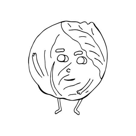 Funny cartoon cabbage character. Vegetables and fruits. Vector illustration. Isolated. Doodles. Comics. Coloring pages for children and adults.のイラスト素材