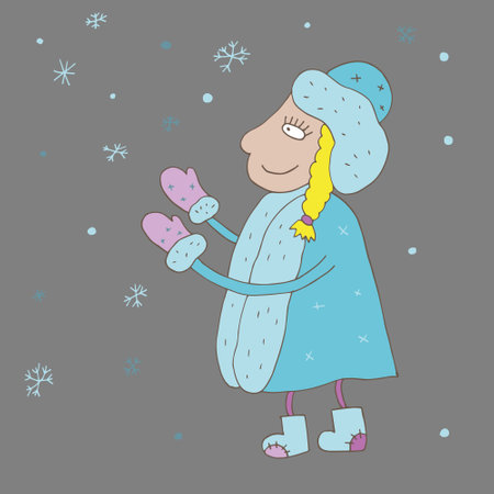 The Snow Maiden catches snowflakes with her hands. Vector. Drawn by hand in doodle style. Cartoon.のイラスト素材