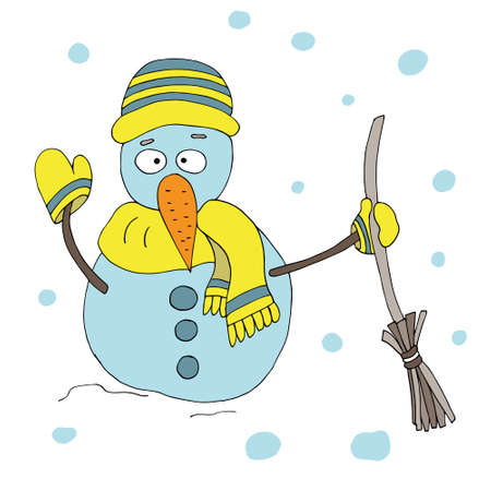 Snowman with a broom. Vector character. Coloring pages for children and adults. Isolated. Cartoon.のイラスト素材