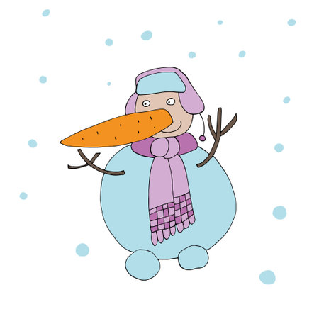 Snowman with a big nose. Vector illustration. Drawn by hand in a doodle style. Coloring pages for children and adults. Cartoon character. Isolated.のイラスト素材