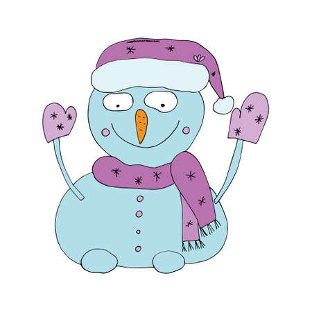 Snowman in a pink hat and scarf. Vector illustration. Drawn by hand in a doodle style. Coloring pages for children and adults. Cartoon character. Isolated.のイラスト素材