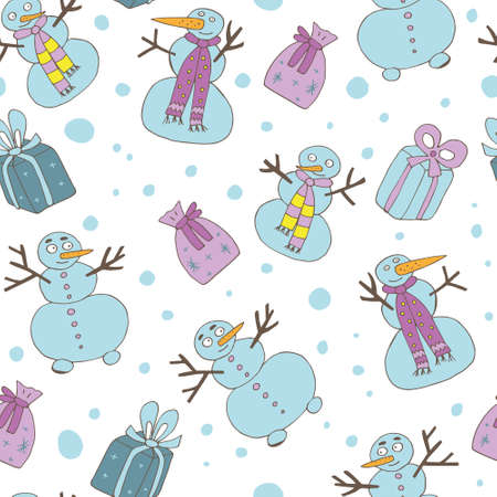 Seamless pattern with snowmen. Vector. Christmas background. Cartoon. Hand Drawn in Doodle Styleのイラスト素材