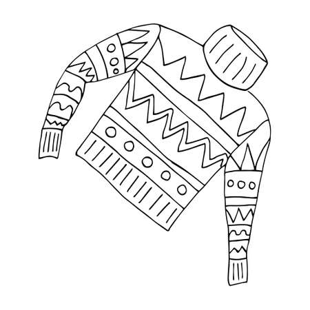 Vector supplies for the new year, scarf, sweater, felt boot, mitten, garlands. Isolated. Drawn by hand. Coloring pages for children and adults. Cartoonのイラスト素材