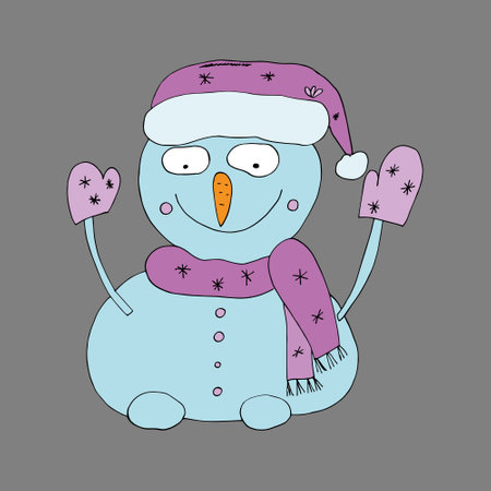 Snowman in a pink hat and scarf. Vector illustration. Drawn by hand in a doodle style. Coloring pages for children and adults. Cartoon character. Isolated.のイラスト素材