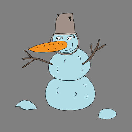 Vector character snowman. Funny snowman with a bucket on his head. The snowman has a carrot nose. Isolated. Coloring pages for children and adults. Drawn by hand. Cartoon.のイラスト素材