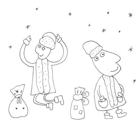 Vector outline of Santa Claus. Vector outline of the Snow Maiden. Merry business frost. Funny Snow Maiden. Isolated. Coloring pages for children and adults. Drawn by hand. Cartoon.のイラスト素材