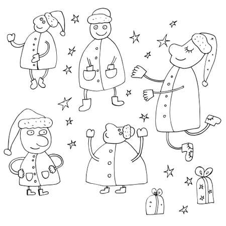 Vector outline of Santa Claus. Happy Santa Clauses. Seth with santaclaus. Isolated. Coloring pages for children and adults. Drawn by hand. Cartoon.のイラスト素材