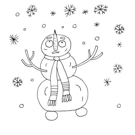 Vector outline of a snowman. Christmas prints. Christmas mood. Winter. Isolated. Coloring pages for children and adults. Cartoon. Freehand drawing.のイラスト素材