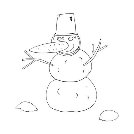 Vector outline of a snowman. Christmas prints. Christmas mood. Winter. Isolated. Coloring pages for children and adults. Cartoon. Freehand drawing.のイラスト素材