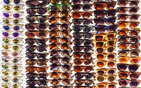 Series of sunglasses taken from above and divided by model / color.の写真素材