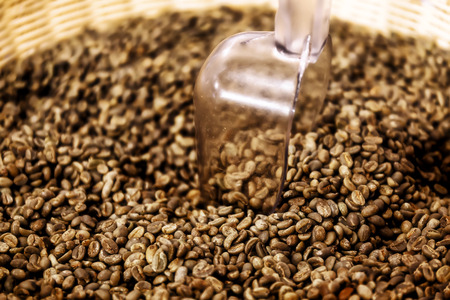 Basket full of green coffee beans and scoop to collect them.の写真素材