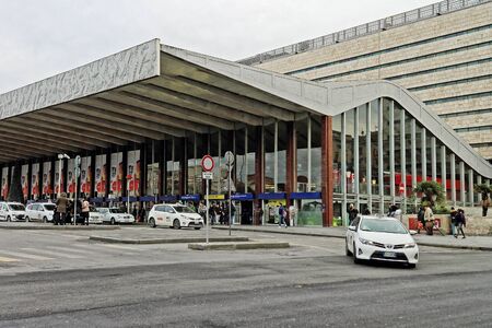 Rome, Italy - January 15, 2016: On the back of the main entrance of Termini Station, a taxi is just left for a ride to town.のeditorial素材