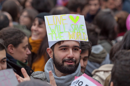 Rome, Italy - 23 January 2016: Svegliatitalia, demonstration in Piazza della Rotonda in favor of the civil rights of homosexual couples. In the scene, one of the demonstrators taken while participating.のeditorial素材