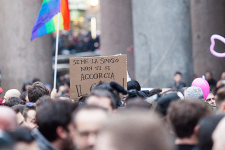 Rome, Italy - 23 January 2016: Svegliatitalia, demonstration in Piazza della Rotonda in favor of the civil rights of homosexual couples. In the scene a sign symbol of the event.のeditorial素材