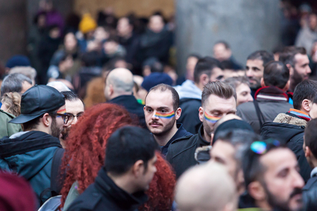 Rome, Italy - 23 January 2016: Svegliatitalia, demonstration in Piazza della Rotonda in favor of the civil rights of homosexual couples. In the scene some protesters videotaped during their participation.のeditorial素材
