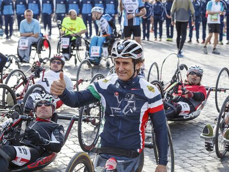 Rome, Italy - April 10, 2016: Alex Zanardi prepares for the race, before the start of the hand bike...
