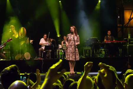 Rome, Italy - June 21, 2016: Carmen Consoli sings in Piazza Farnese, on the stage of a public concert organized by the French Embassy in Rome, at the European music festival.のeditorial素材