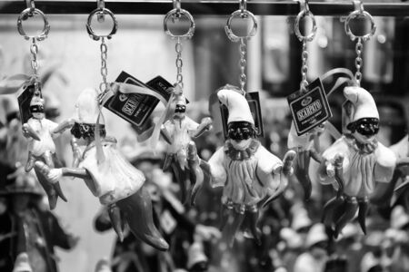 Naples, Italy - December 9, 2016: San Gregorio Armeno, pendants handmade, depicting the mask of Pulcinella and the horn of red coral, superstitious symbol for the Neapolitans.のeditorial素材