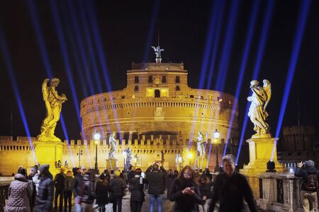 Rome, Italy - January 1, 2017: Castle St. Angelo, facade. The monument lit at night and taken from the bridge of the Angels.のeditorial素材