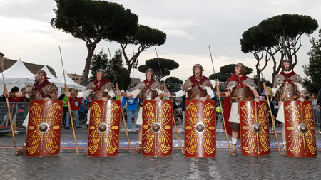 Rome, Italy - April 2nd, 2017: Gladiators in line with the typical clothing, helmet and spear. They await the start of the marathon.のeditorial素材