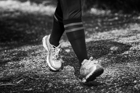 Close-up of the sports shoes of a man jogging in the park.のeditorial素材