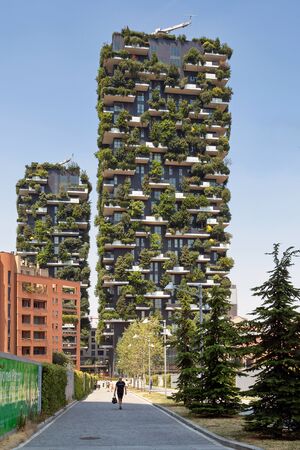 Milan, Italy - June 11, 2017: The famous Vertical Wood, a sustainable residential building model, consisting of two residential towers of 110 and 76 m high, built in the center of Milan at the confines of the Isola district.のeditorial素材