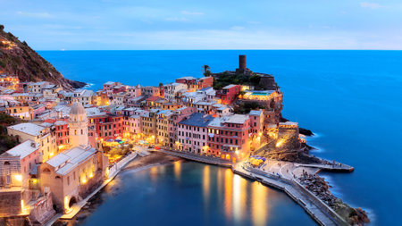 View of Vernazza at dusk. Vernazza is a small town in the province of La Spezia, Liguria, northern Italyの写真素材