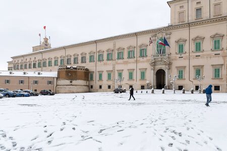 Rome, Italy - February 26, 2018: An exceptional weather event causes a cold and cold air across Europe, including Italy. Snow comes in the capital, covering streets and monuments of a white white coat. In the photo, Piazza del Quirinale, home of the Presiのeditorial素材